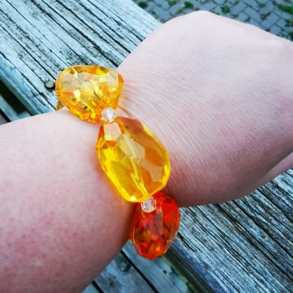 Big Yellow and Orange Plastic Gemstones Stretch Statement Bracelet - Picture 8 of 13